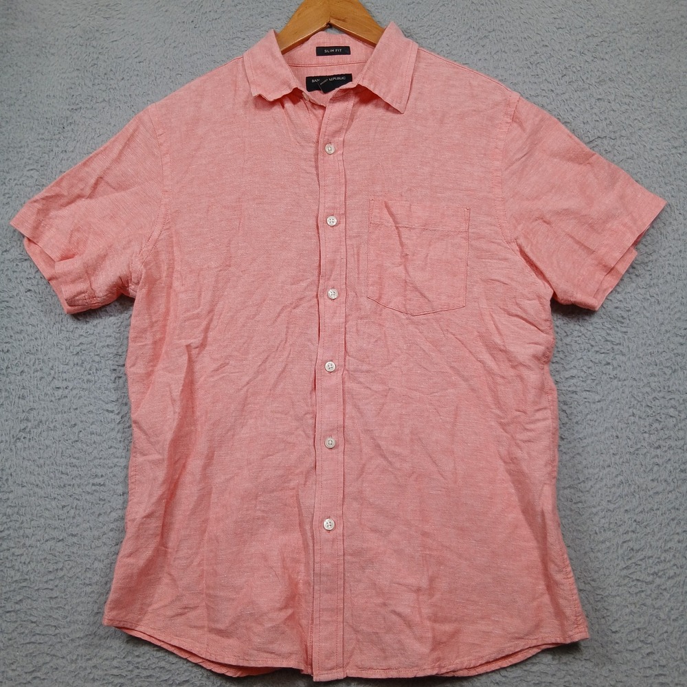 Banana Republic Men's M Slim Fit 100% Linen Short Sleeve Button-Up Shirt Pink